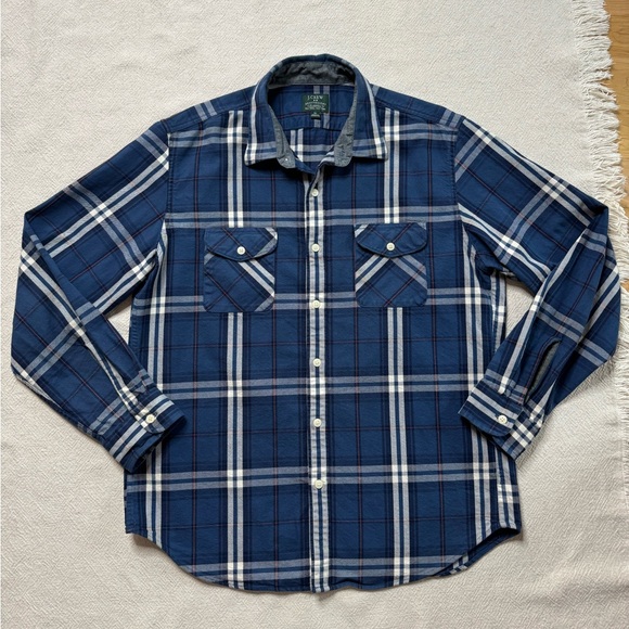 JCREW Men’s Heavyweight Flannel Blue Plaid Cotton Button Down Shirt XL - Picture 2 of 7